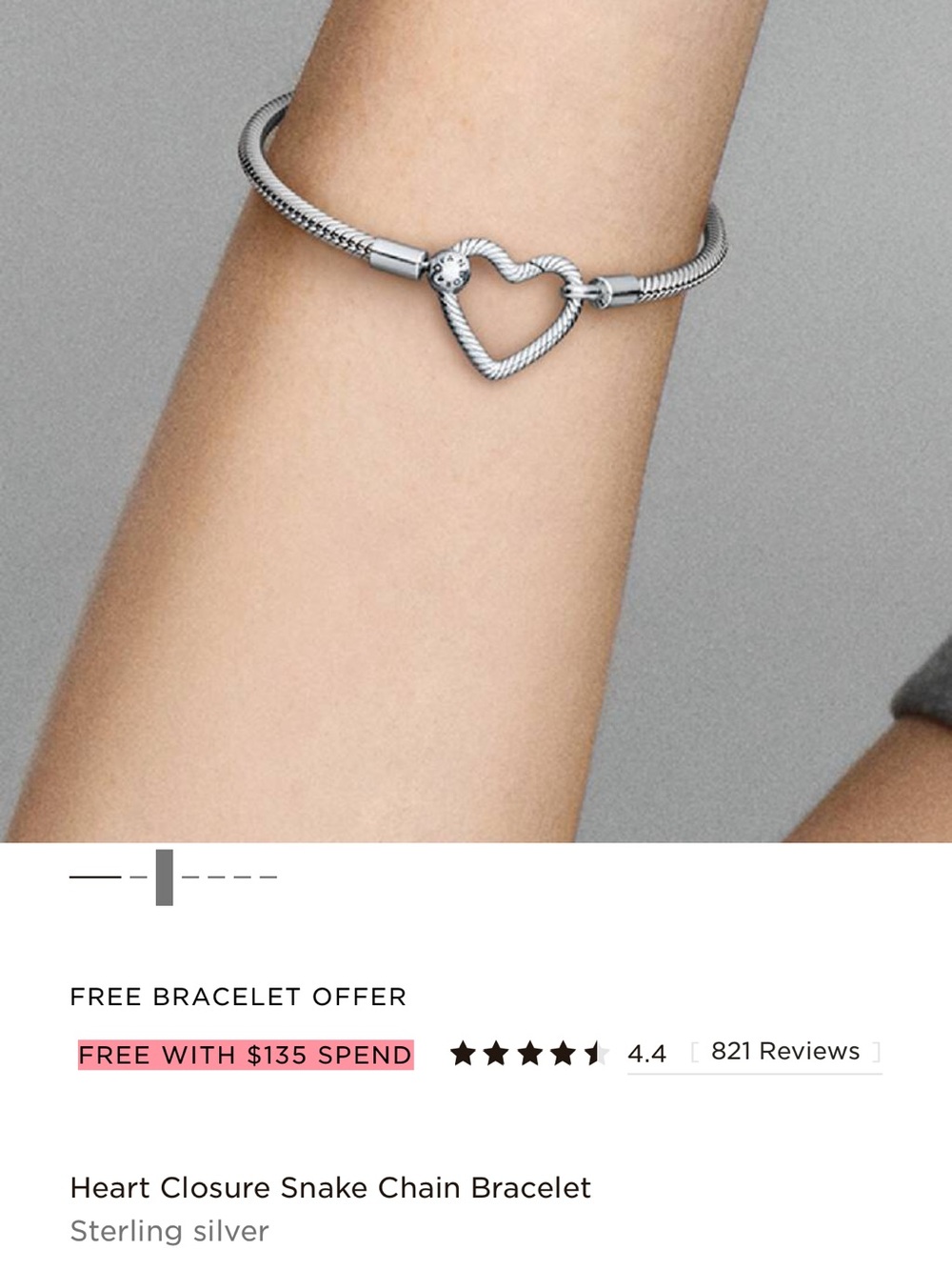 Pandora Sterling Silver Heart Closure Snake Chain Bracelet